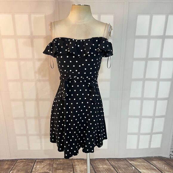 Zara NWT Black White Polka Dot Off Shoulder Tie Back Mini Sundress Size Small - Picture 4 of 12
